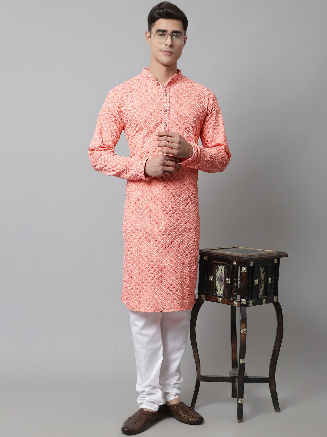 Jompers Men's Peach Chikankari Embroidered and Sequence Kurta with Churidar - Distacart