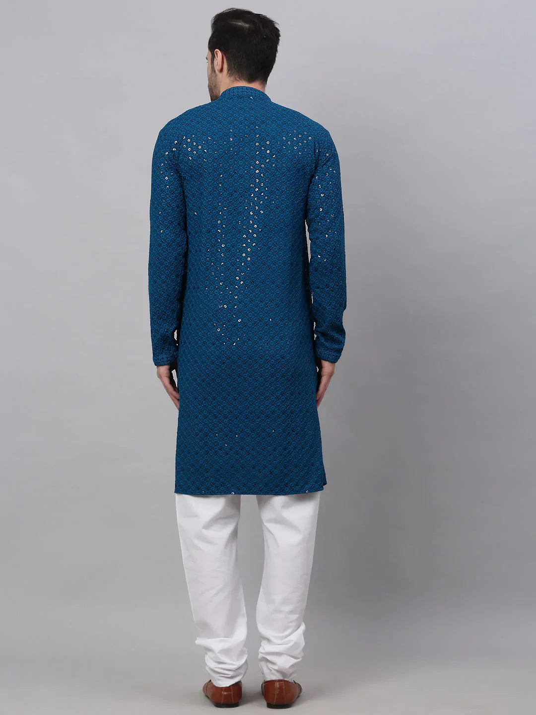 Jompers Men's Blue Chikankari Embroidered and Sequence Kurta with Churidar - Distacart