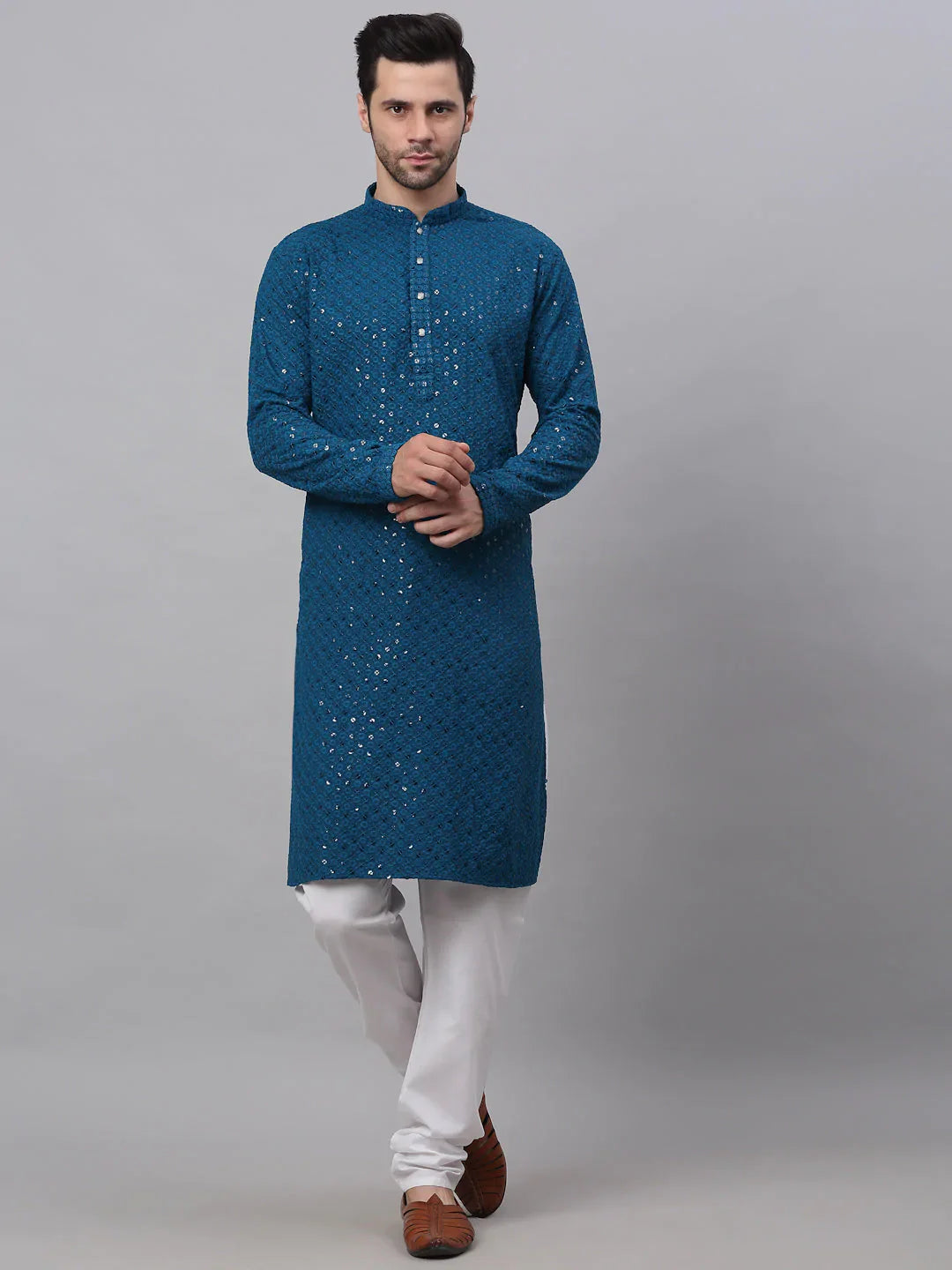 Jompers Men's Blue Chikankari Embroidered and Sequence Kurta with Churidar - Distacart