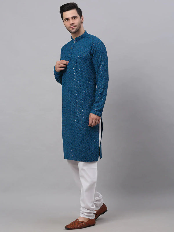 Jompers Men's Blue Chikankari Embroidered and Sequence Kurta with Churidar - Distacart