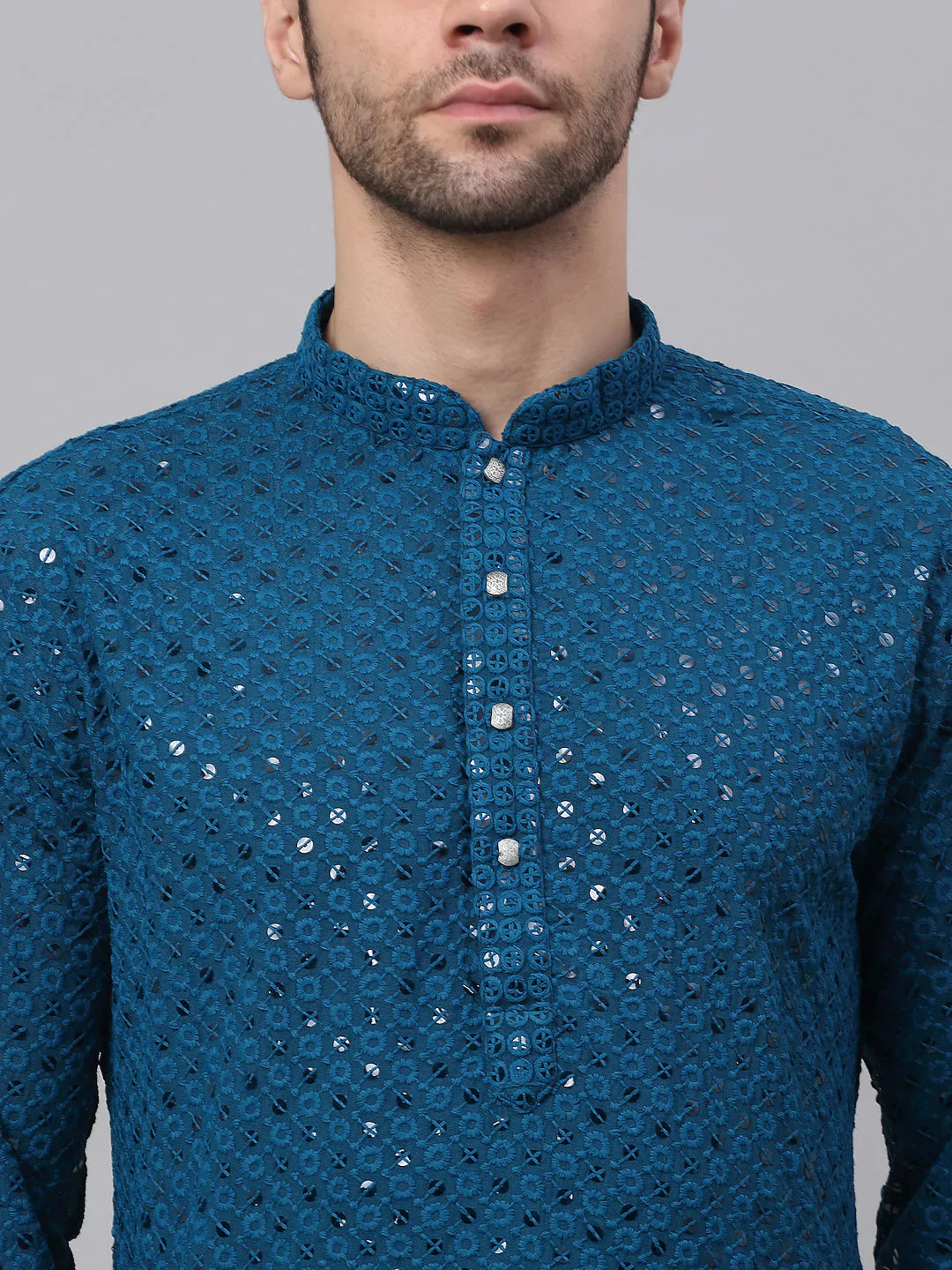Jompers Men's Blue Chikankari Embroidered and Sequence Kurta with Churidar - Distacart