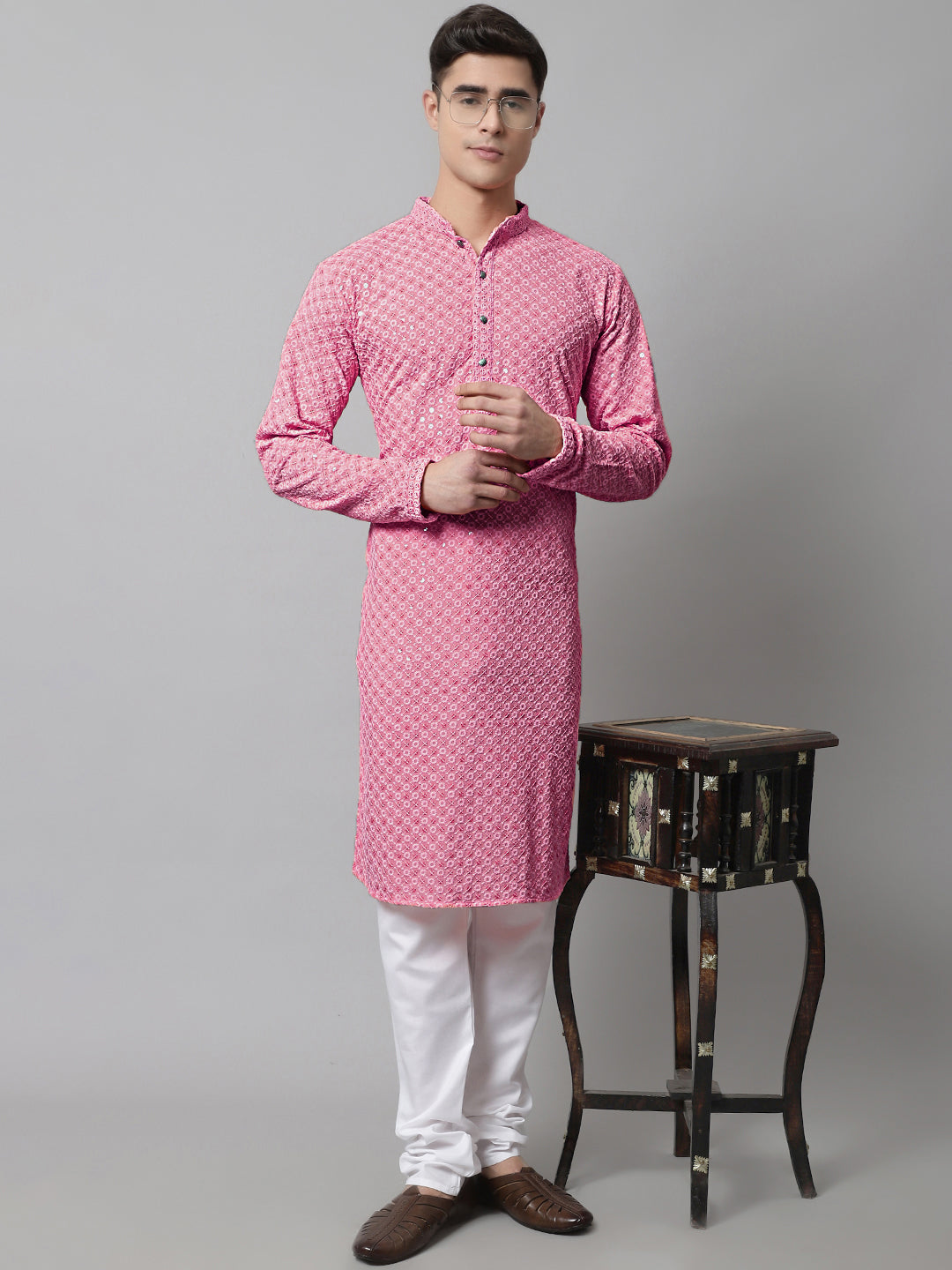 Jompers Men's Pink Chikankari Embroidered and Sequence Kurta with Churidar - Distacart