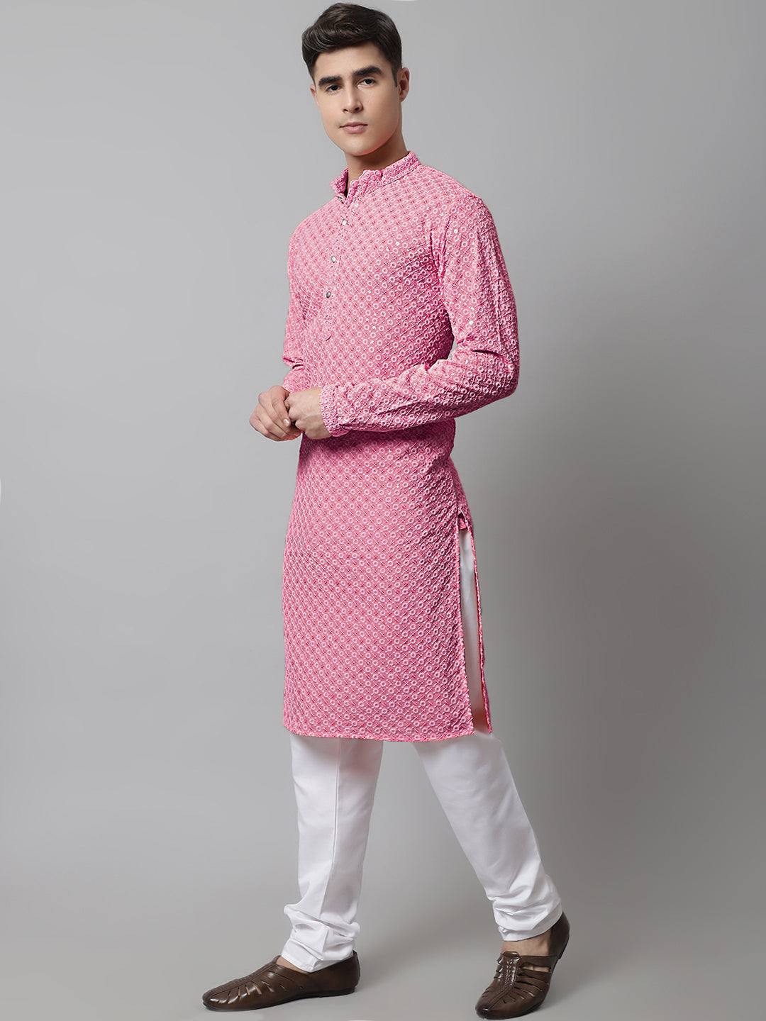 Jompers Men's Pink Chikankari Embroidered and Sequence Kurta with Churidar - Distacart