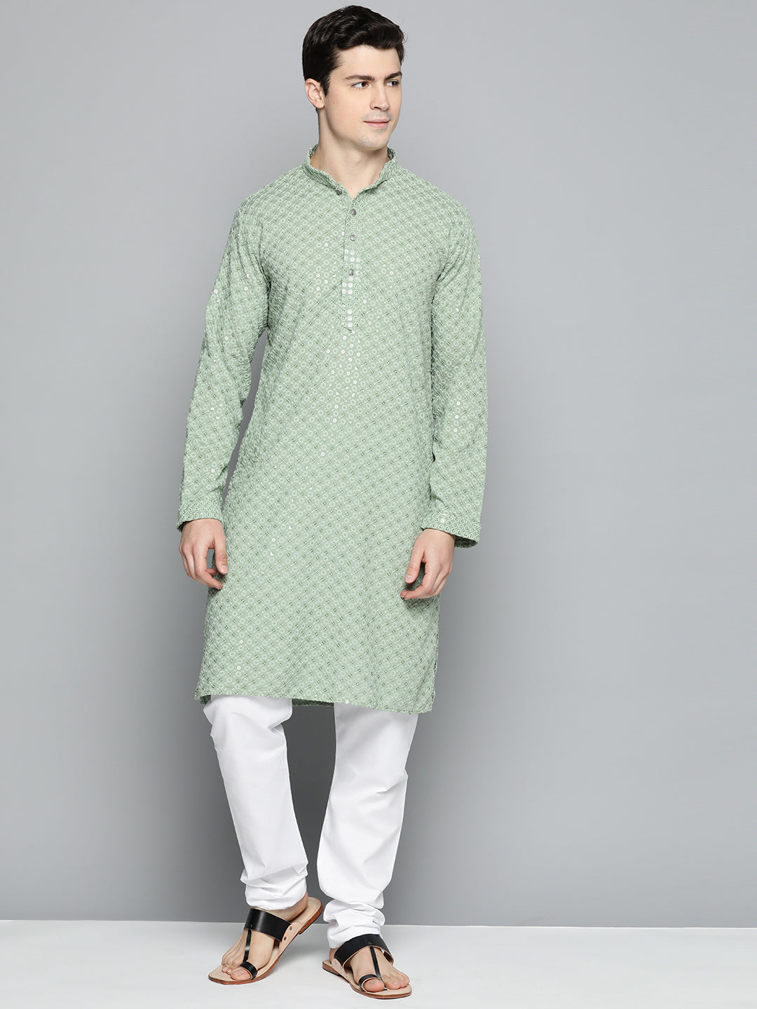 Jompers Men's Pista Green Chikankari Embroidered and Sequence Kurta with Churidar - Distacart