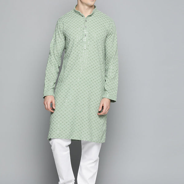 Jompers Men's Pista Green Chikankari Embroidered and Sequence Kurta with Churidar - Distacart