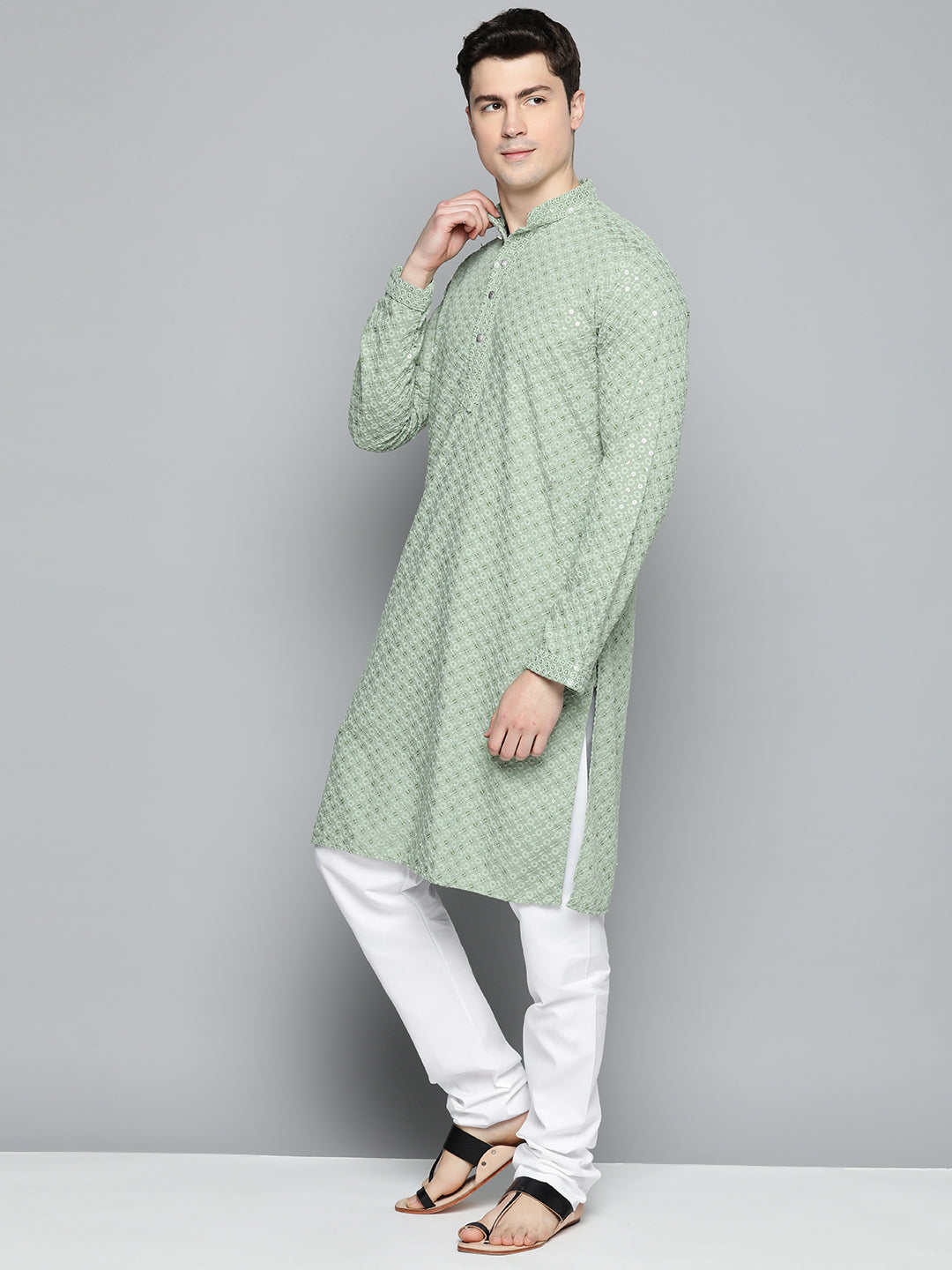 Jompers Men's Pista Green Chikankari Embroidered and Sequence Kurta with Churidar - Distacart