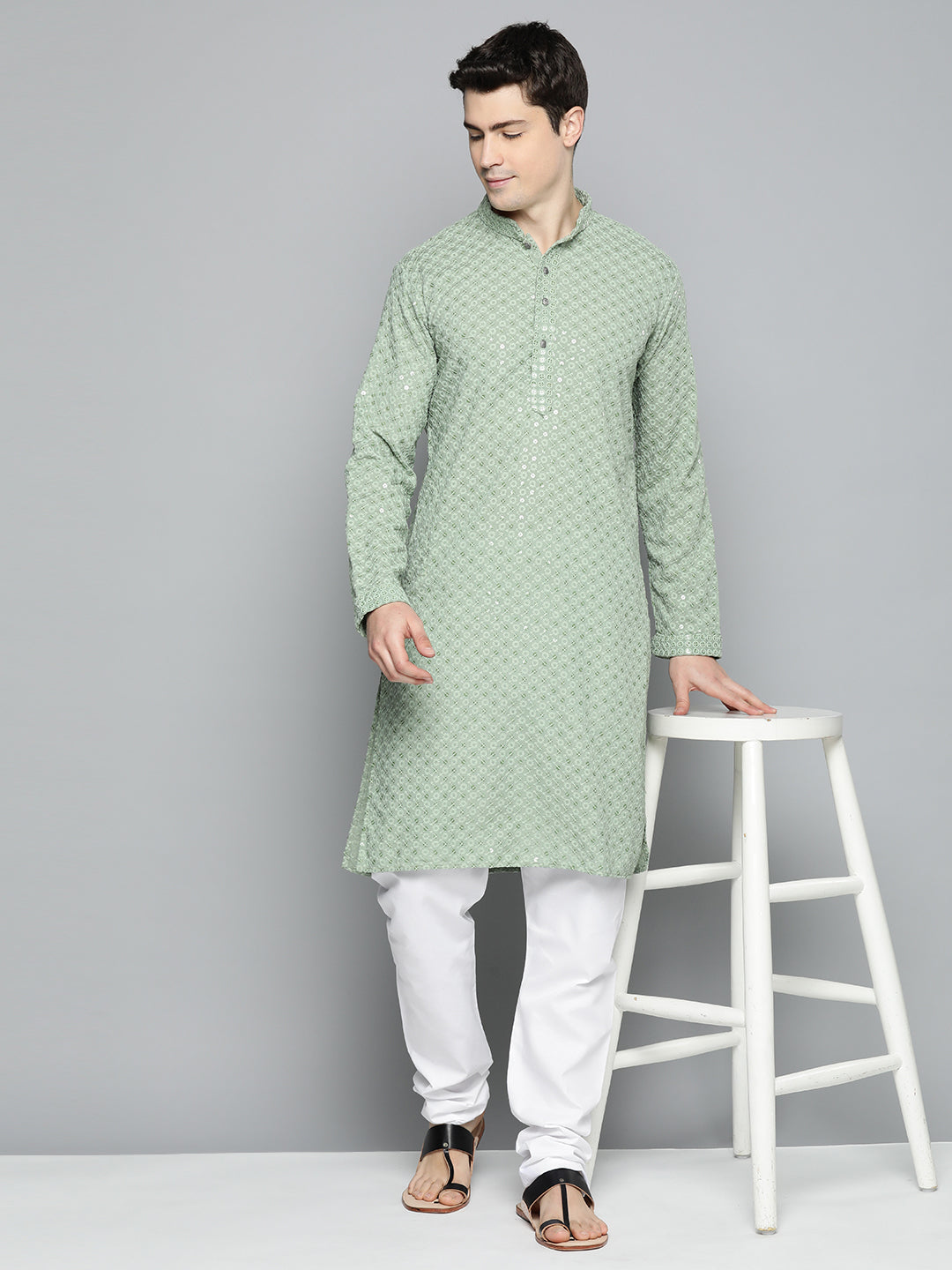 Jompers Men's Green Chikankari Embroidered and Sequence Kurta with Churidar - Distacart