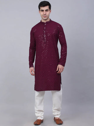 Jompers Men's Purple Chikankari Embroidered and Sequence Kurta with Churidar - Distacart