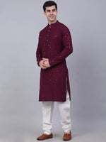 Thumbnail for Jompers Men's Purple Chikankari Embroidered and Sequence Kurta with Churidar - Distacart