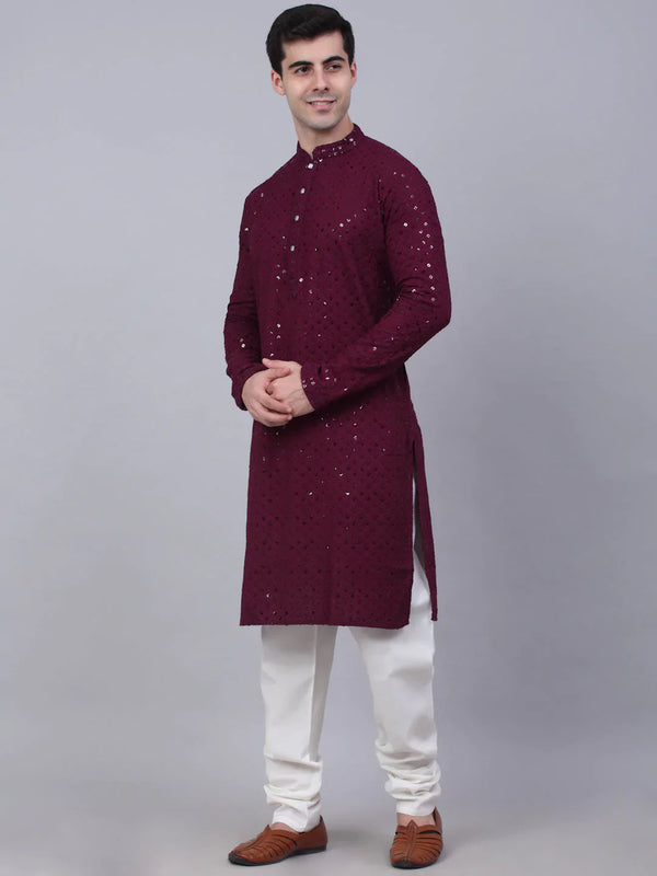 Jompers Men's Purple Chikankari Embroidered and Sequence Kurta with Churidar - Distacart