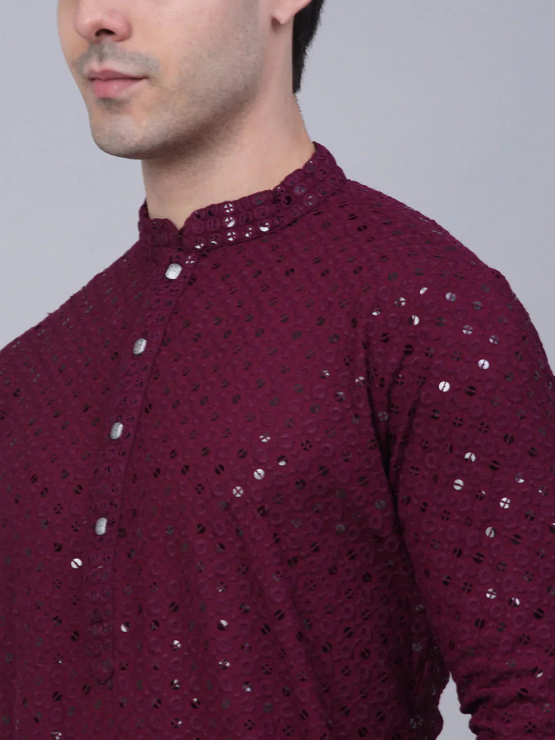 Jompers Men's Purple Chikankari Embroidered and Sequence Kurta with Churidar - Distacart