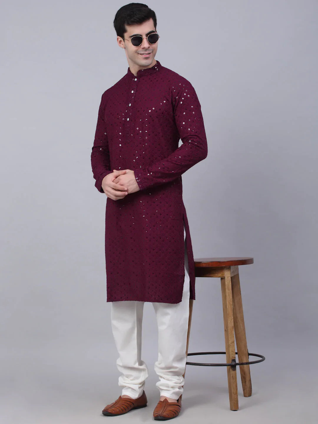 Jompers Men's Purple Chikankari Embroidered and Sequence Kurta with Churidar - Distacart