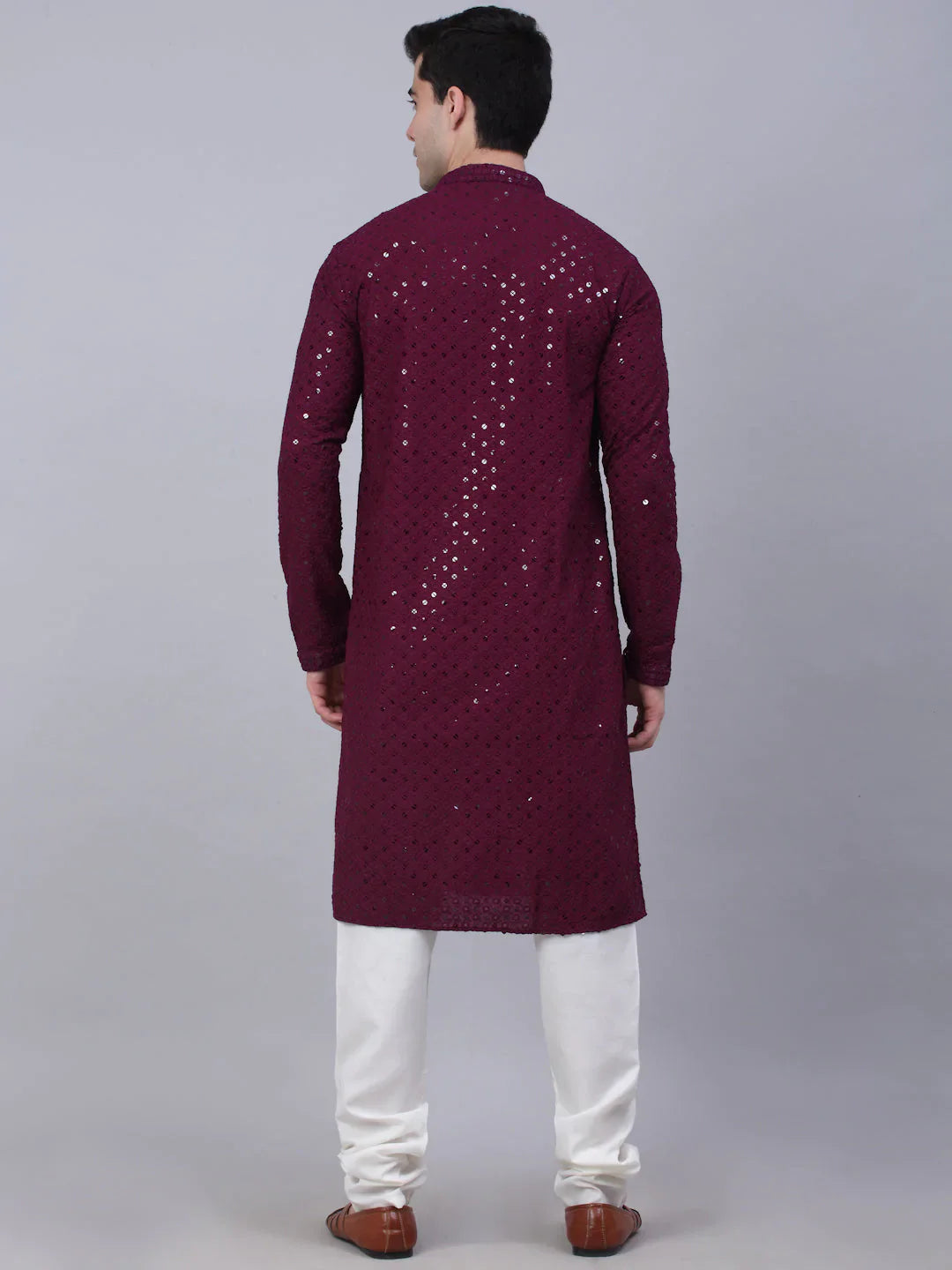 Jompers Men's Purple Chikankari Embroidered and Sequence Kurta with Churidar - Distacart