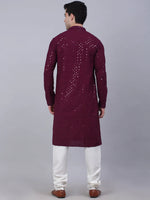 Thumbnail for Jompers Men's Purple Chikankari Embroidered and Sequence Kurta with Churidar - Distacart