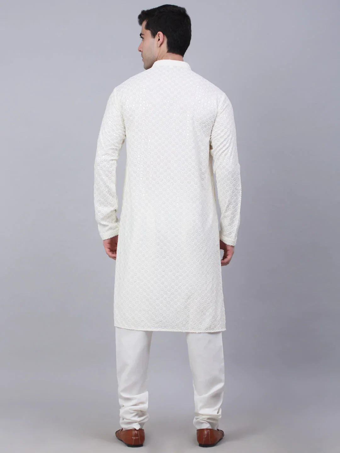 Jompers Men's White Chikankari Embroidered and Sequence Kurta with Churidar - Distacart