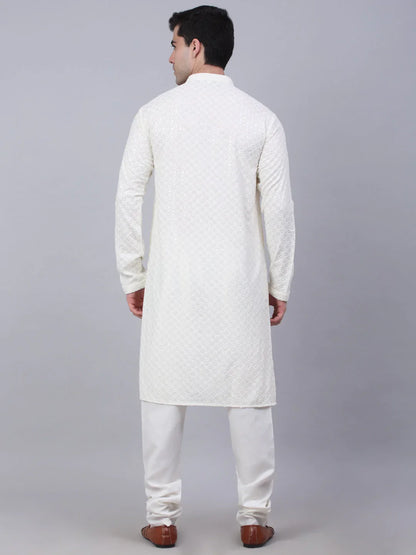 Jompers Men's White Chikankari Embroidered and Sequence Kurta with Churidar - Distacart