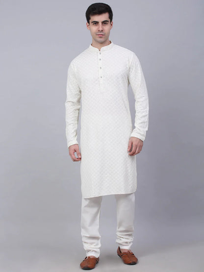 Jompers Men's White Chikankari Embroidered and Sequence Kurta with Churidar - Distacart