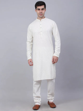 Jompers Men's White Chikankari Embroidered and Sequence Kurta with Churidar - Distacart