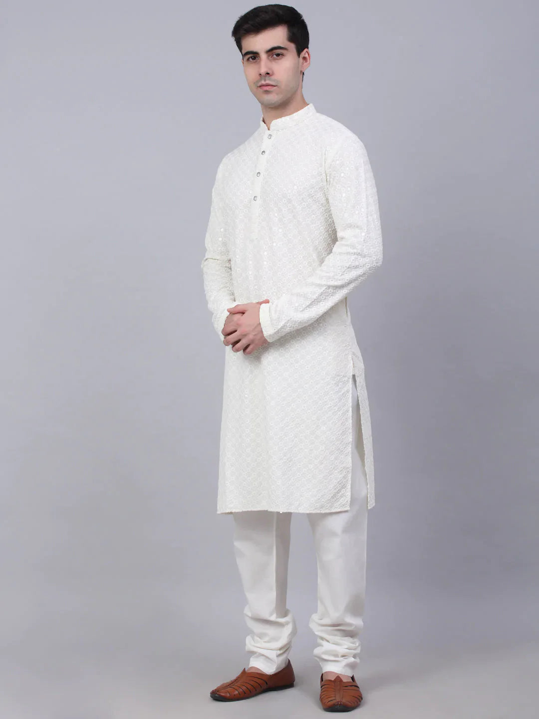 Jompers Men's White Chikankari Embroidered and Sequence Kurta with Churidar - Distacart
