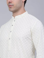 Thumbnail for Jompers Men's White Chikankari Embroidered and Sequence Kurta with Churidar - Distacart