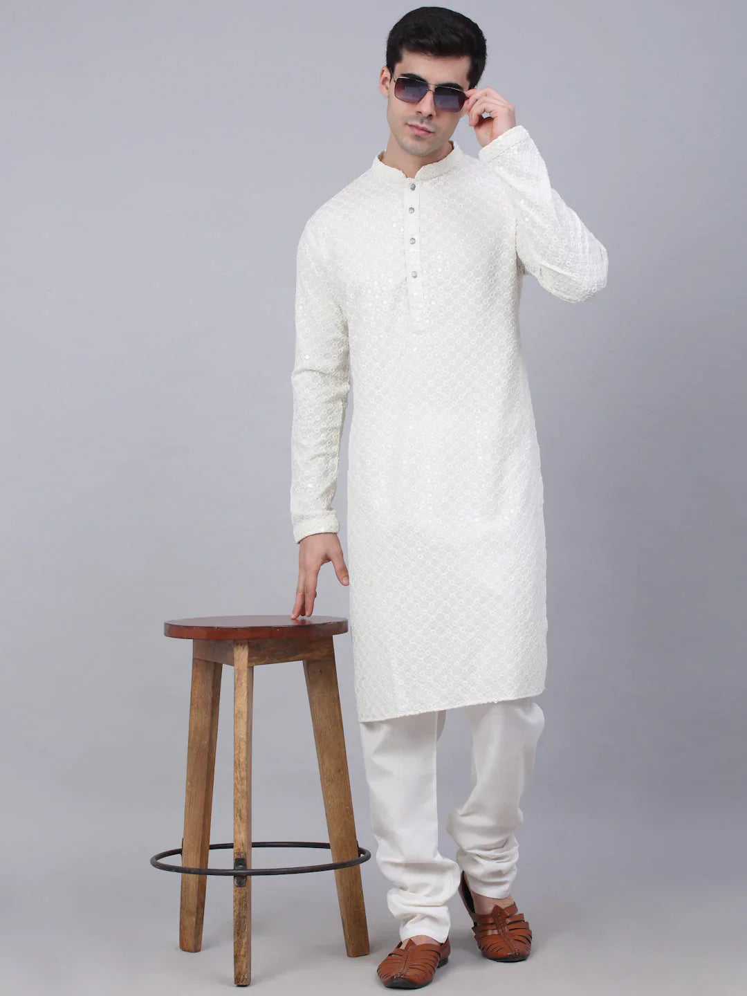 Jompers Men's White Chikankari Embroidered and Sequence Kurta with Churidar - Distacart