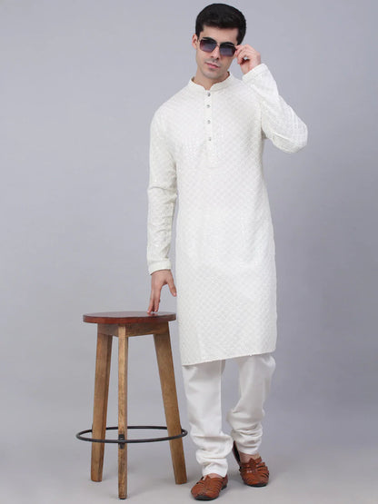 Jompers Men's White Chikankari Embroidered and Sequence Kurta with Churidar - Distacart