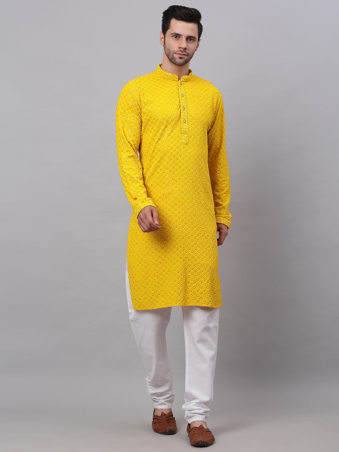 Jompers Men's Yellow Chikankari Embroidered and Sequence Kurta with Churidar - Distacart