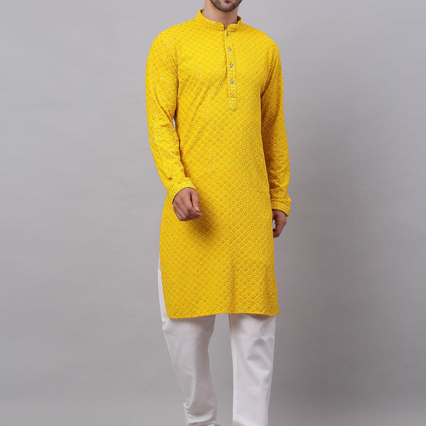 Jompers Men's Yellow Chikankari Embroidered and Sequence Kurta with Churidar - Distacart
