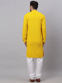 Thumbnail for Jompers Men's Yellow Chikankari Embroidered and Sequence Kurta with Churidar - Distacart