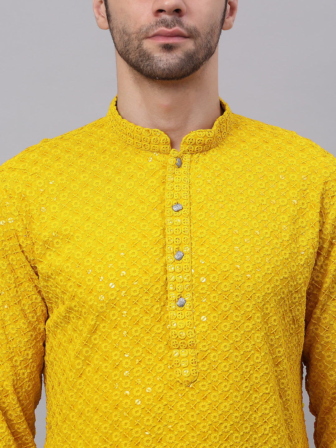 Jompers Men's Yellow Chikankari Embroidered and Sequence Kurta with Churidar - Distacart