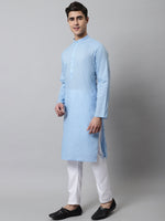 Thumbnail for Jompers Men's Light blue Cotton Striped Kurta Payjama Sets - Distacart