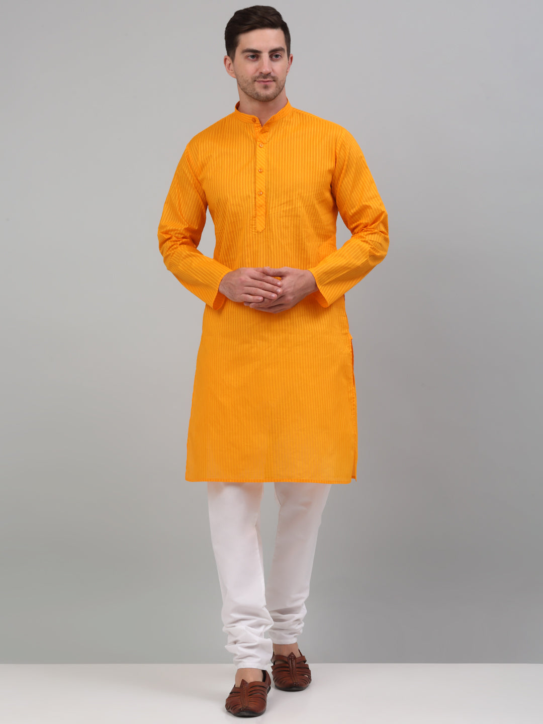 Jompers Men's Mustard Cotton Striped Kurta Payjama Sets - Distacart