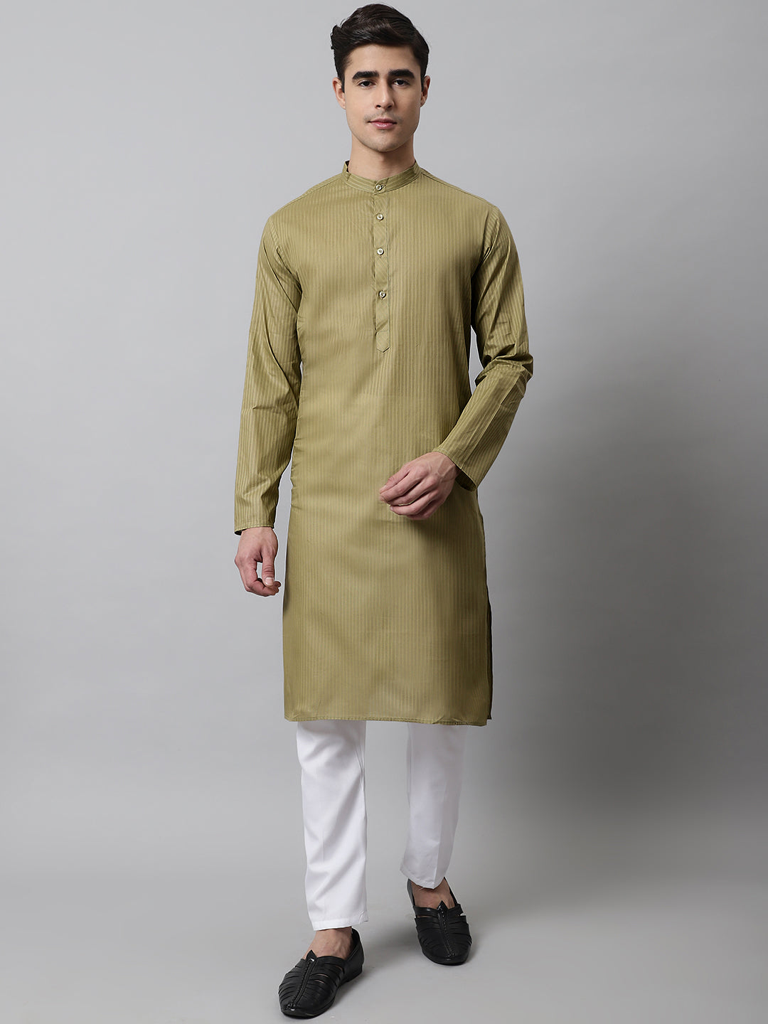 Jompers Men's Olive Green Cotton Striped Kurta Payjama Sets - Distacart