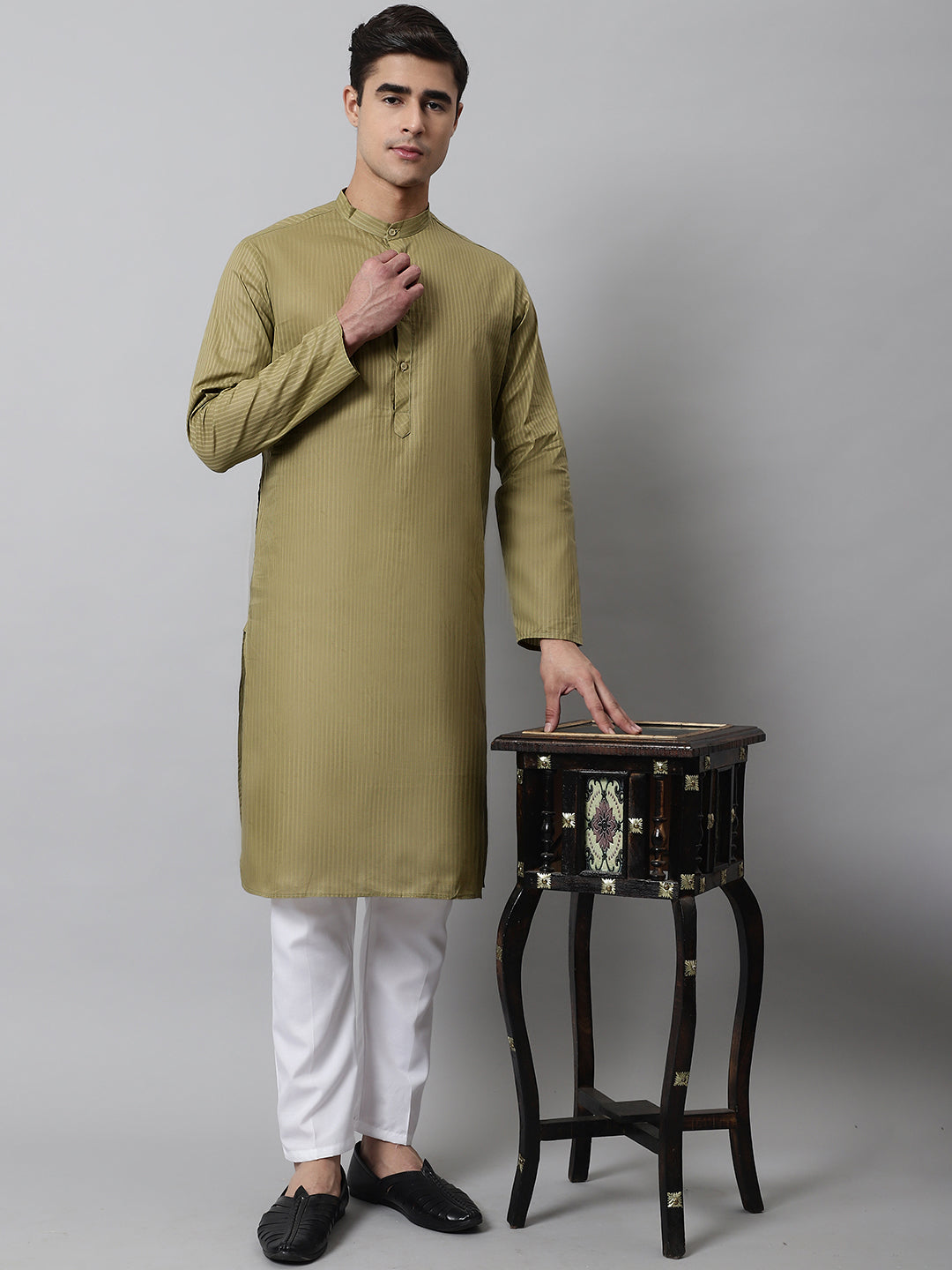 Jompers Men's Olive Green Cotton Striped Kurta Payjama Sets - Distacart