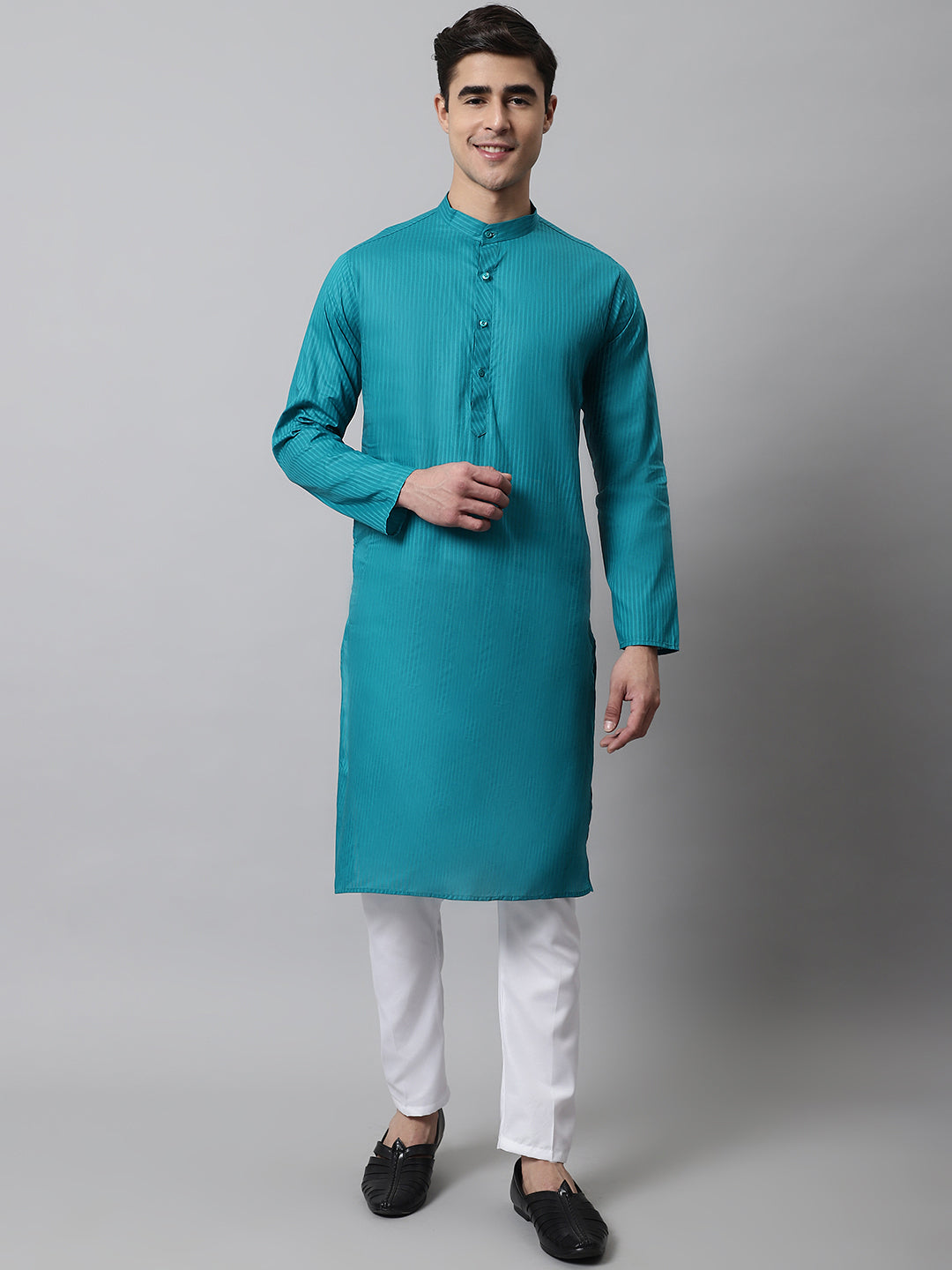 Jompers Men's Teal Blue Cotton Striped Kurta Payjama Sets - Distacart