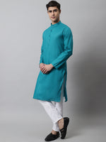 Thumbnail for Jompers Men's Teal Blue Cotton Striped Kurta Payjama Sets - Distacart