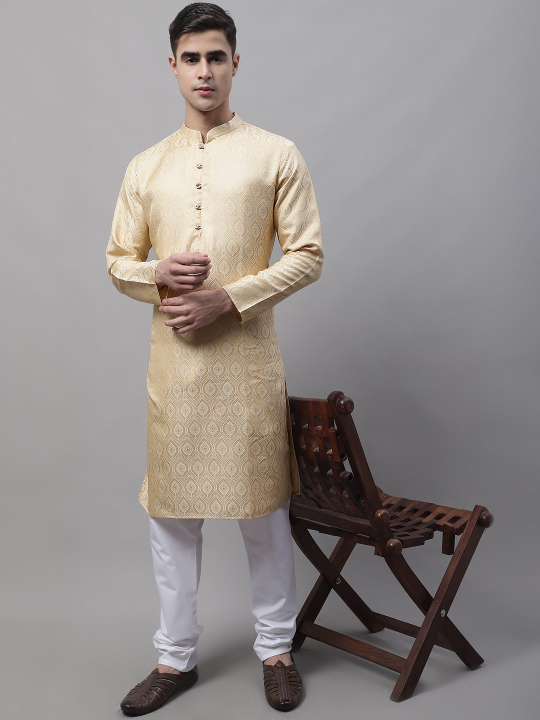 Jompers Men's Ethnic Beige Woven Design Kurta with Pyjamas - Distacart