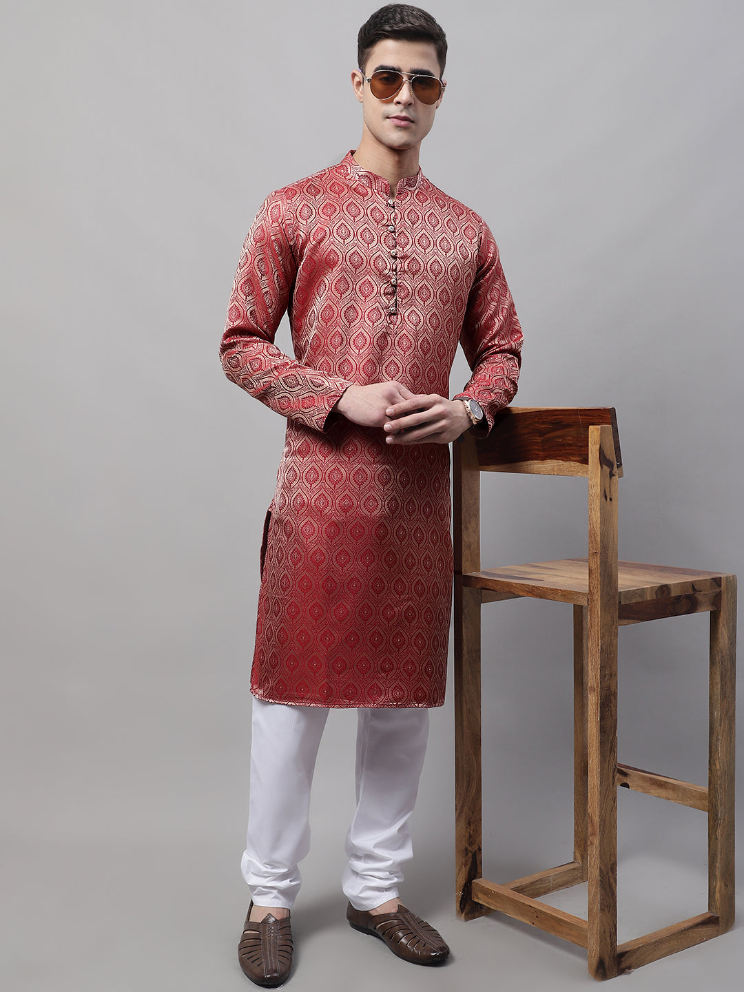 Jompers Men's Ethnic Maroon Woven Design Kurta with Pyjamas - Distacart