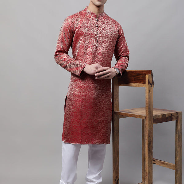 Jompers Men's Ethnic Maroon Woven Design Kurta with Pyjamas - Distacart