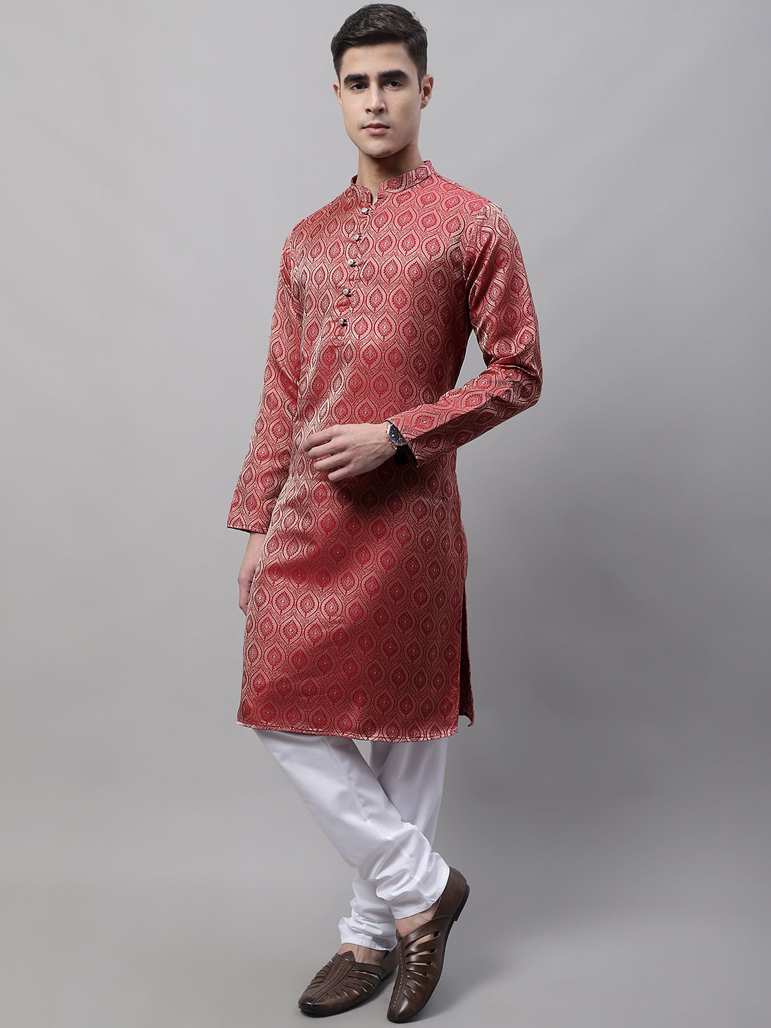 Jompers Men's Ethnic Maroon Woven Design Kurta with Pyjamas - Distacart