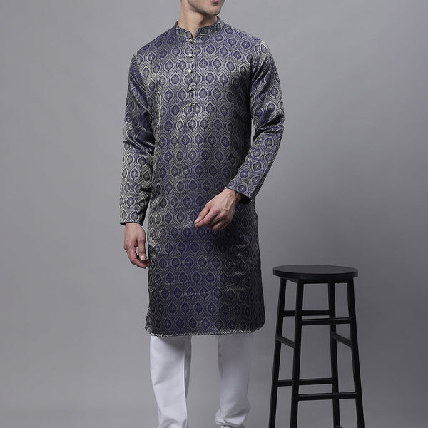 Jompers Men's Ethnic Navy Blue Woven Design Kurta with Pyjamas - Distacart