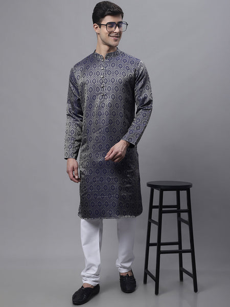 Jompers Men's Ethnic Navy Blue Woven Design Kurta with Pyjamas - Distacart