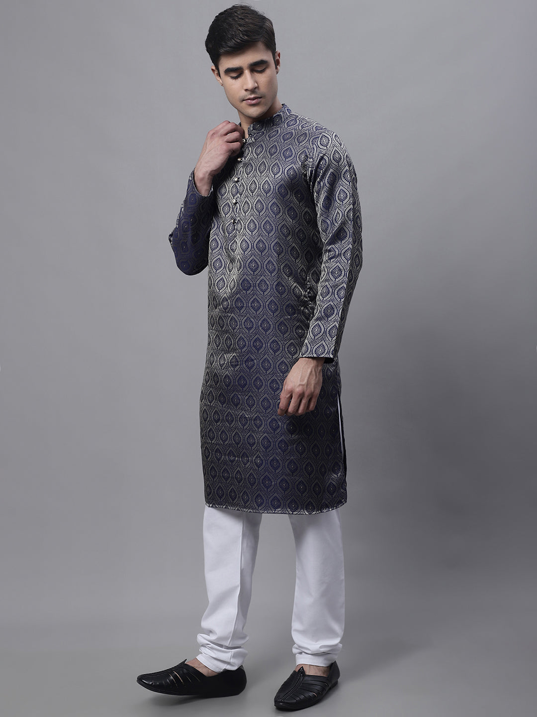 Jompers Men's Ethnic Navy Blue Woven Design Kurta with Pyjamas - Distacart