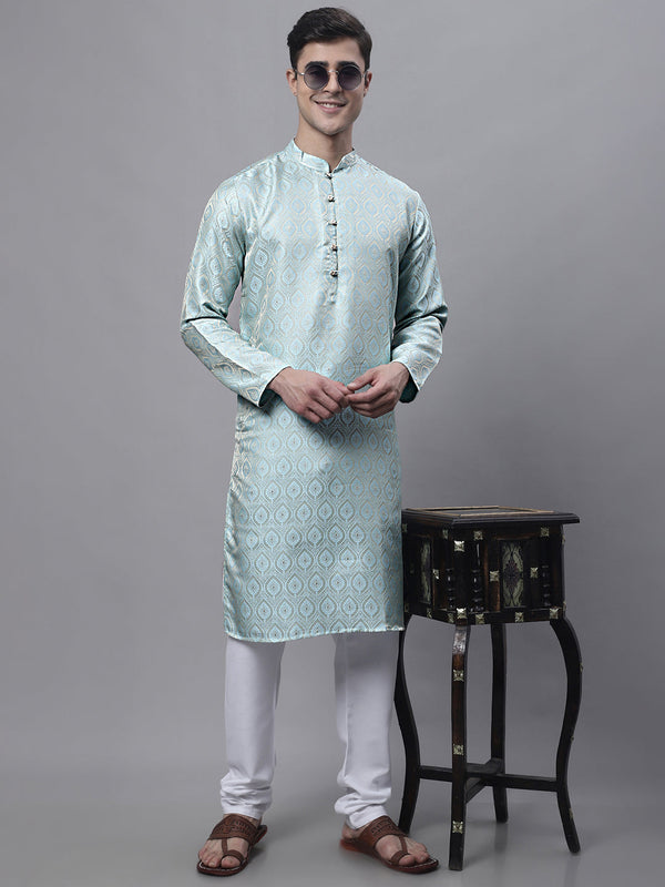 Jompers Men's Ethnic Sky Blue Woven Design Kurta with Pyjamas - Distacart