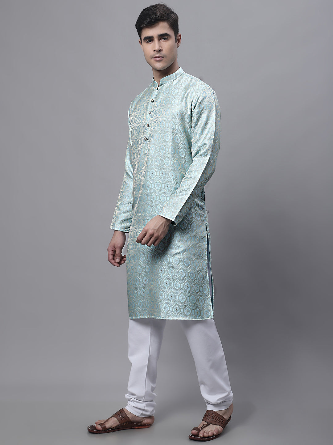 Jompers Men's Ethnic Sky Blue Woven Design Kurta with Pyjamas - Distacart