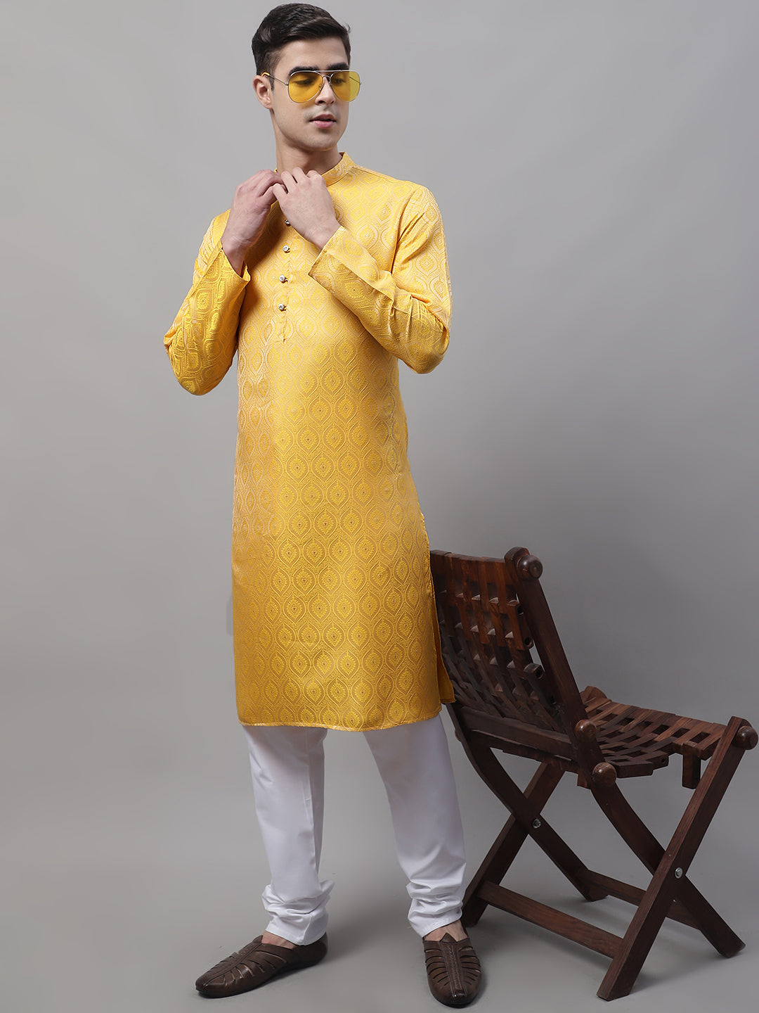 Jompers Men's Ethnic Yellow Woven Design Kurta with Pyjamas - Distacart