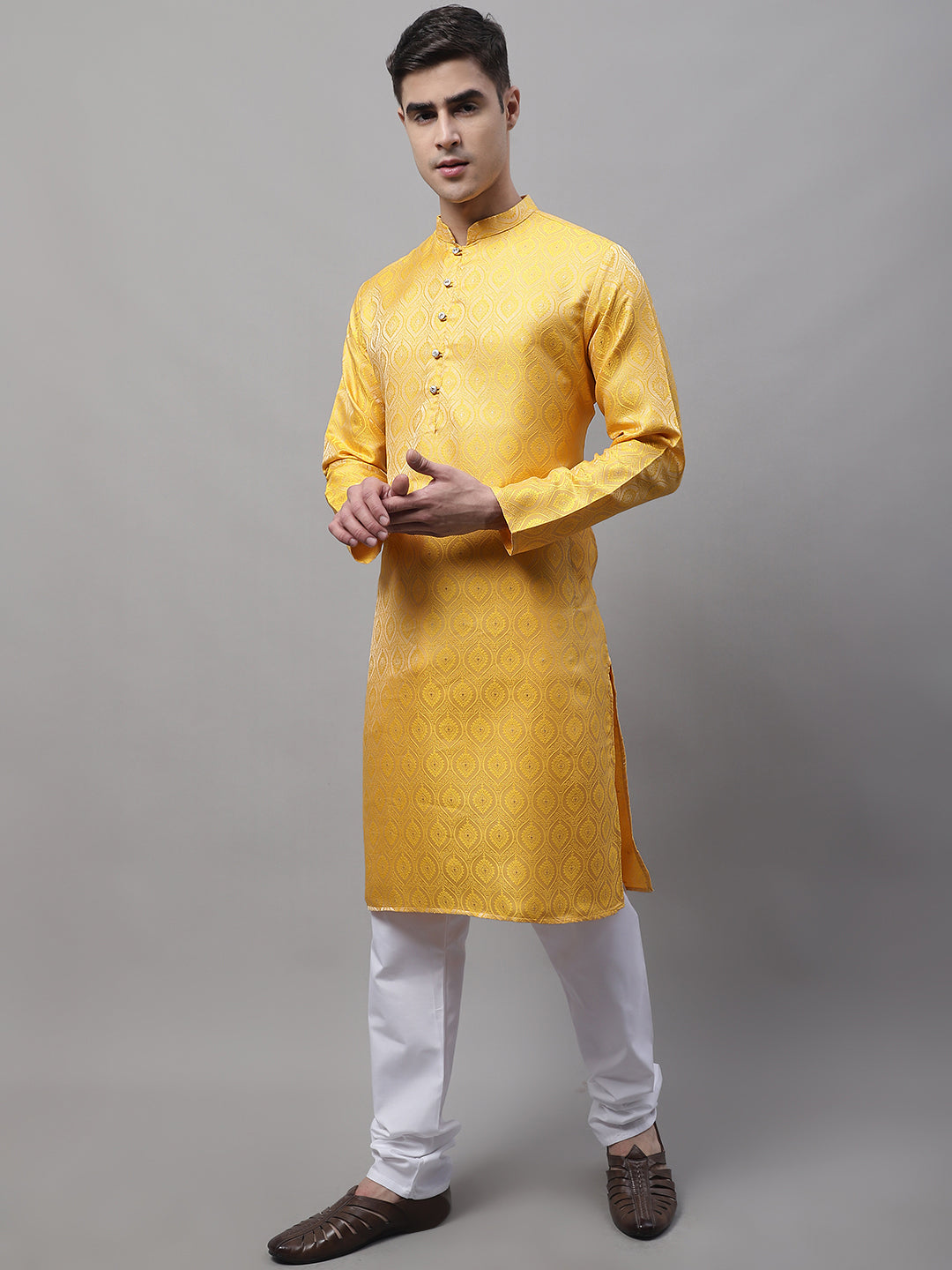 Jompers Men's Ethnic Yellow Woven Design Kurta with Pyjamas - Distacart