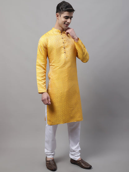 Jompers Men's Ethnic Yellow Woven Design Kurta with Pyjamas - Distacart