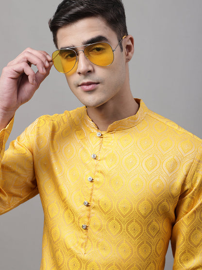 Jompers Men's Ethnic Yellow Woven Design Kurta with Pyjamas - Distacart