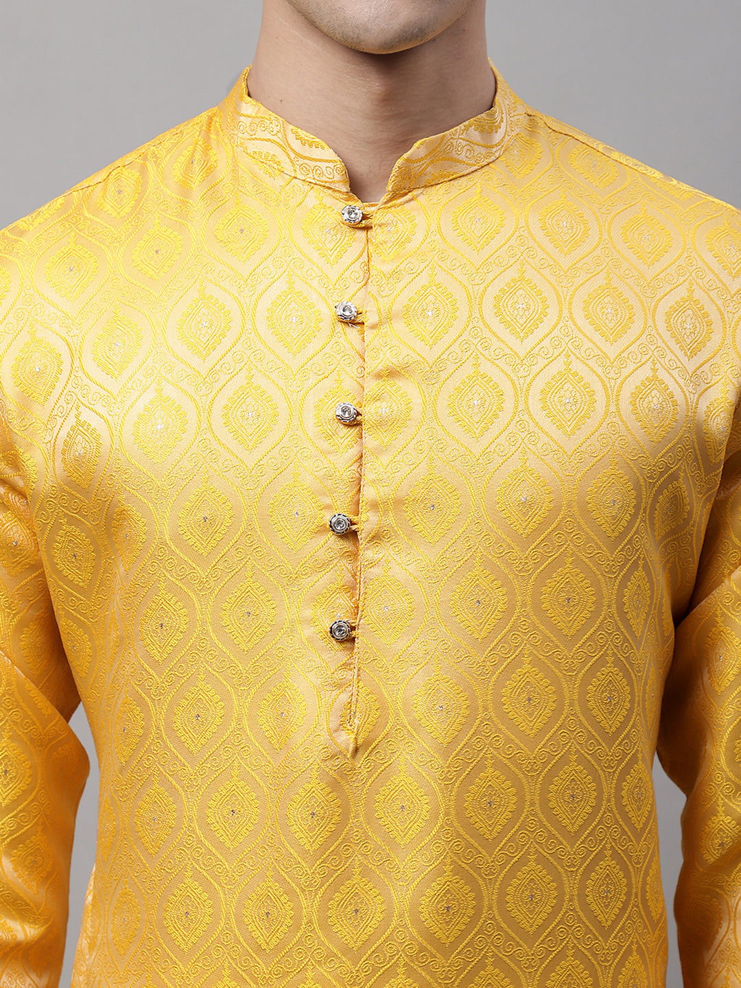 Jompers Men's Ethnic Yellow Woven Design Kurta with Pyjamas - Distacart